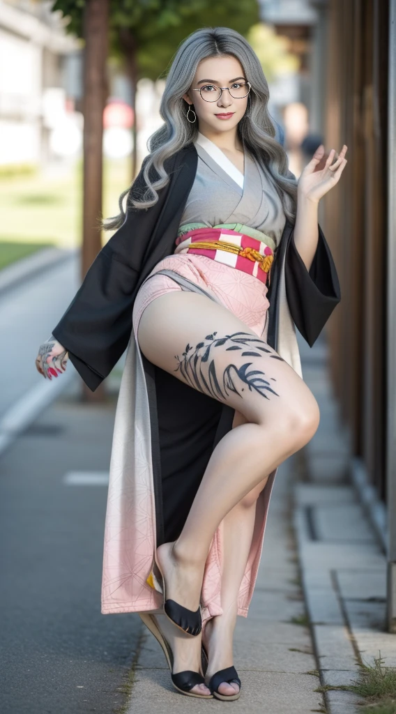 Cute Japanese woman, (), (very cute face), white moisturized skin, looking at the camera, (pink bright eyes: 1.4), (black framed glasses: 1.3)
BREAK,
(parkour), (very beautiful berserker woman: 1.3), (dynamic pose: 1.3),
BREAK,
(wearing a cute pink kimono: 1.3), (highly revealing kimono), very large earrings, short length, (has a black grass tattoo on her body: 1.3),
BREAK,
(very long hair), (light grey hair: 1.4), (wavy hair), (gradient hair: 1.3), (red tips: 1.3),
BREAK,
(realistic: 1.3), masterpiece, perfect lighting, (ultra high resolution), (8K), (highly detailed: 1.4), (from the front), (full body: 1.4), (symmetrical: 1.2), (one shot),
BREAK,
(large cities in Japan: 1.2),