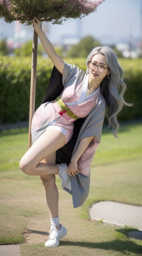 Cute Japanese woman, (16 years old), (very cute face), white moisturized skin, looking at the camera, (pink bright eyes: 1.4), (black framed glasses: 1.3)
BREAK,
(parkour), (very beautiful berserker woman: 1.3), (dynamic pose: 1.3),
BREAK,
(wearing a cute pink kimono: 1.3), (highly revealing kimono), very large earrings, short length, (has a black grass tattoo on her body: 1.3),
BREAK,
(very long hair), (light grey hair: 1.4), (wavy hair), (gradient hair: 1.3), (red tips: 1.3),
BREAK,
(realistic: 1.3), masterpiece, perfect lighting, (ultra high resolution), (8K), (highly detailed: 1.4), (from the front), (full body: 1.4), (symmetrical: 1.2), (one shot),
BREAK,
(large cities in Japan: 1.2),