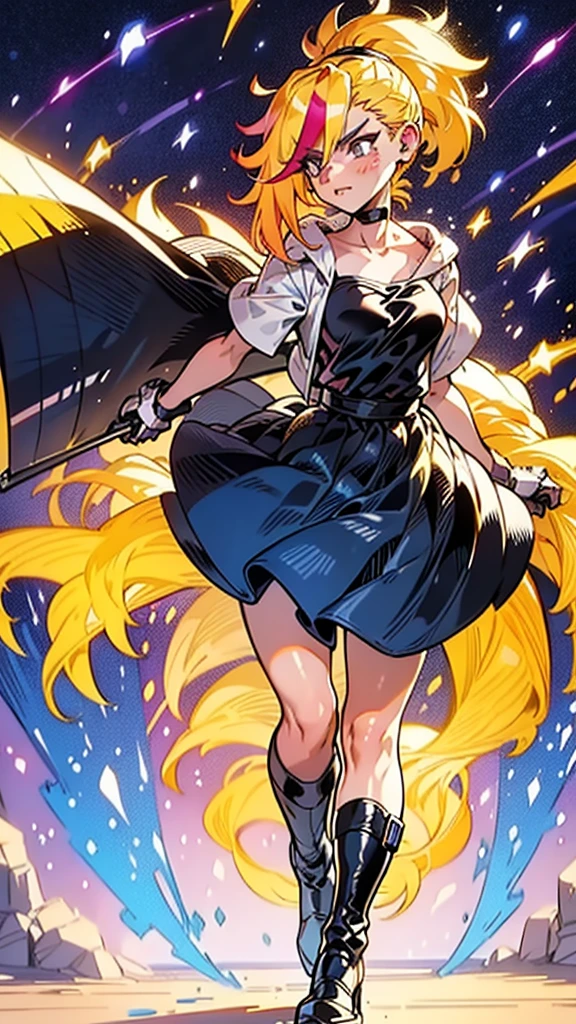 1 girl, ultra long hair, ultra detailed face, glowing lips, glowing blue eyes, very long ponytail, elegant walk, catwalk, holding down a  giant katana, blonde, long eyelashes, long boots , looking to the sky, starry sky, a ultra giant katana 