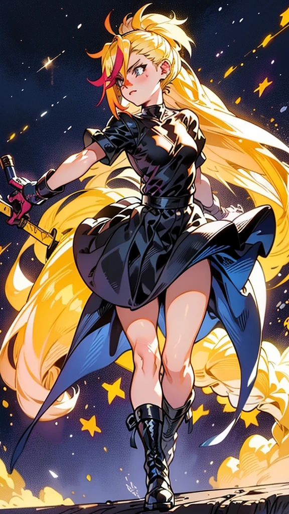 1 girl, ultra long hair, ultra detailed face, glowing lips, glowing blue eyes, very long ponytail, elegant walk, catwalk, holding down a  giant katana, blonde, long eyelashes, long boots , looking to the sky, starry sky, a ultra giant katana 