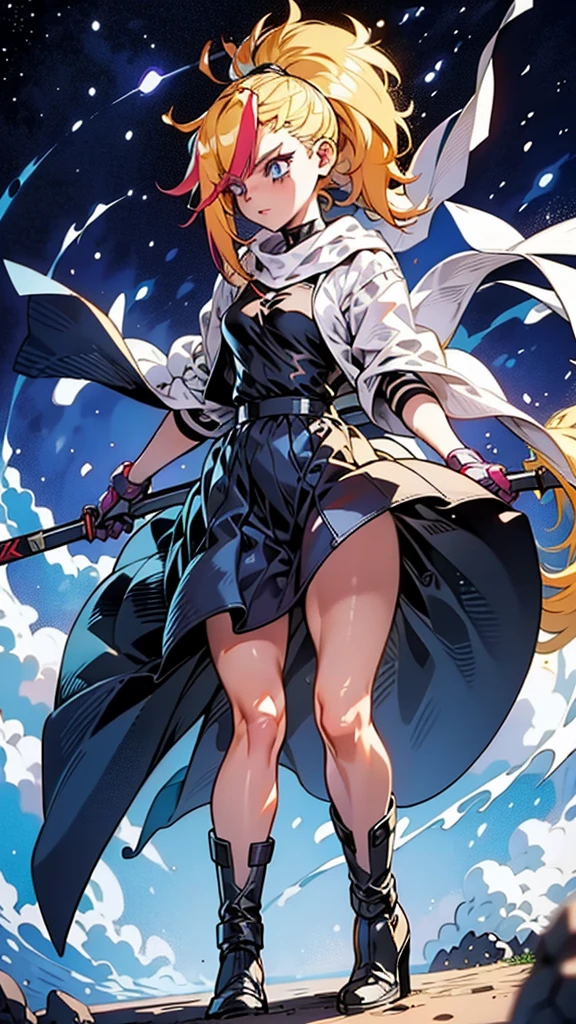 1 girl, ultra long hair, ultra detailed face, glowing lips, glowing blue eyes, very long ponytail, elegant walk, catwalk, holding down a  giant katana, blonde, long eyelashes, long boots , looking to the sky, starry sky, a ultra giant katana 