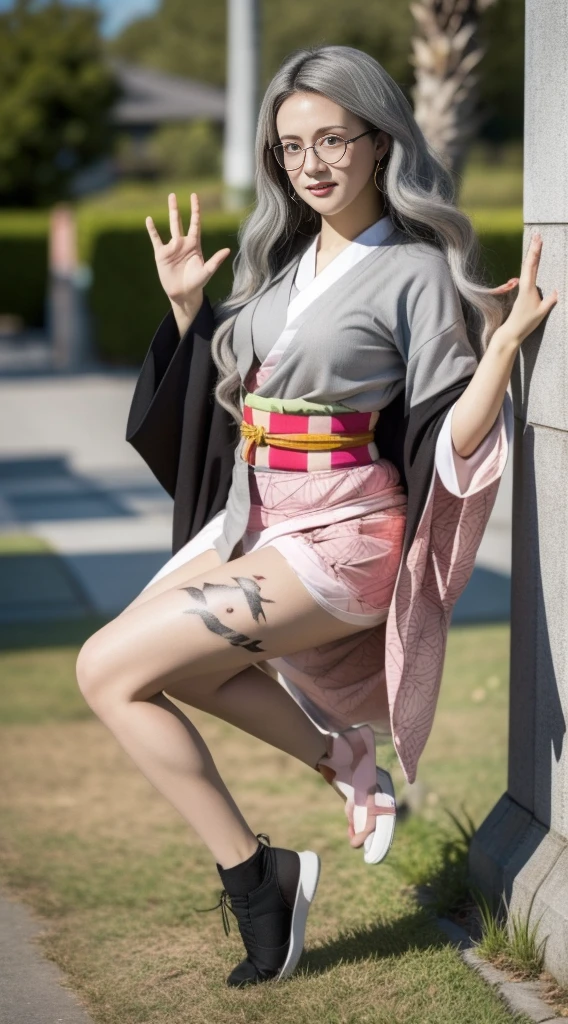 Cute Japanese woman, (), (very cute face), white moisturized skin, looking at the camera, (pink bright eyes: 1.4), (black framed glasses: 1.3)
BREAK,
(parkour), (very beautiful berserker woman: 1.3), (dynamic pose: 1.3),
BREAK,
(wearing a cute pink kimono: 1.3), (highly revealing kimono), very large earrings, short length, (has a black grass tattoo on her body: 1.3),
BREAK,
(very long hair), (light grey hair: 1.4), (wavy hair), (gradient hair: 1.3), (red tips: 1.3),
BREAK,
(realistic: 1.3), masterpiece, perfect lighting, (ultra high resolution), (8K), (highly detailed: 1.4), (from the front), (full body: 1.4), (symmetrical: 1.2), (one shot),
BREAK,
(large cities in Japan: 1.2),