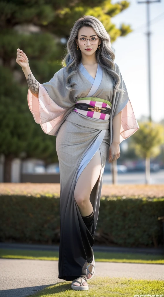 Cute Japanese woman, (), (very cute face), white moisturized skin, looking at the camera, (pink bright eyes: 1.4), (black framed glasses: 1.3)
BREAK,
(parkour), (very beautiful berserker woman: 1.3), (dynamic pose: 1.3),
BREAK,
(wearing a cute pink kimono: 1.3), (highly revealing kimono), very large earrings, short length, (has a black grass tattoo on her body: 1.3),
BREAK,
(very long hair), (light grey hair: 1.4), (wavy hair), (gradient hair: 1.3), (red tips: 1.3),
BREAK,
(realistic: 1.3), masterpiece, perfect lighting, (ultra high resolution), (8K), (highly detailed: 1.4), (from the front), (full body: 1.4), (symmetrical: 1.2), (one shot),
BREAK,
(large cities in Japan: 1.2),