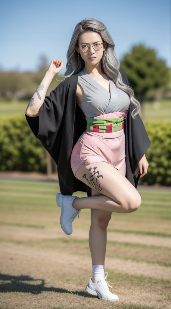 Cute Japanese woman, (16 years old), (very cute face), white moisturized skin, looking at the camera, (pink bright eyes: 1.4), (black framed glasses: 1.3)
BREAK,
(parkour), (very beautiful berserker woman: 1.3), (dynamic pose: 1.3),
BREAK,
(wearing a cute pink kimono: 1.3), (highly revealing kimono), very large earrings, short length, (has a black grass tattoo on her body: 1.3),
BREAK,
(very long hair), (light grey hair: 1.4), (wavy hair), (gradient hair: 1.3), (red tips: 1.3),
BREAK,
(realistic: 1.3), masterpiece, perfect lighting, (ultra high resolution), (8K), (highly detailed: 1.4), (from the front), (full body: 1.4), (symmetrical: 1.2), (one shot),
BREAK,
(large cities in Japan: 1.2),