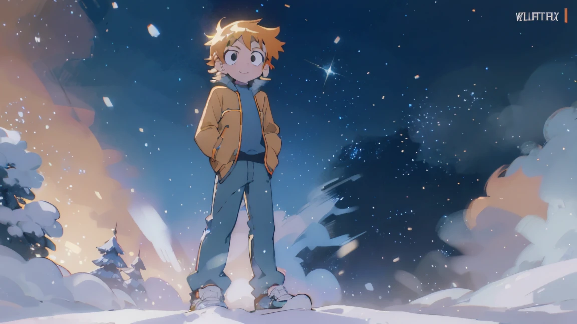 Scott Pilgrim shoots a boy Scott Pilgrim Orange hair shirt jacket thick eyebrows Canada A man standing in the snow looking at the camera smiling full body shot perfect illustration, ultra detali, HDR, swirly vibrant colors, soft lighting official art