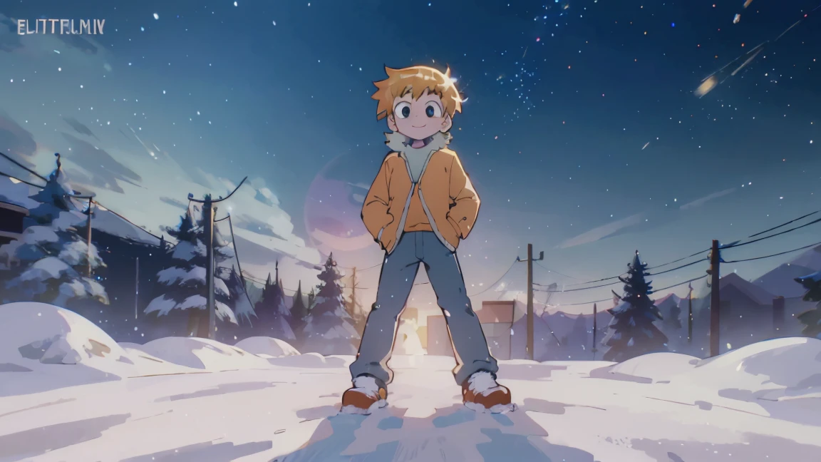 Scott Pilgrim shoots a boy Scott Pilgrim Orange hair shirt jacket thick eyebrows Canada A man standing in the snow looking at the camera smiling full body shot perfect illustration, ultra detali, HDR, swirly vibrant colors, soft lighting official art