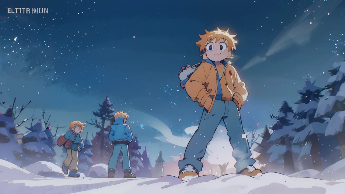 Scott Pilgrim shoots a boy Scott Pilgrim Orange hair shirt jacket thick eyebrows Canada A man standing in the snow looking at the camera smiling full body shot perfect illustration, ultra detali, HDR, swirly vibrant colors, soft lighting official art