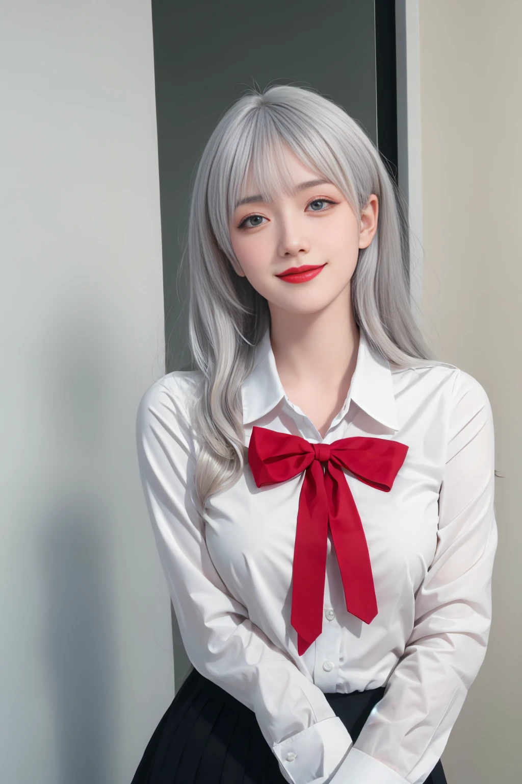 ulzzang-6500-v1.1,(raw photo:1.2),((photorealistic:1.30)), ((best quality)) ,((masterpiece)),((Ultra High Resolution)), ((Clear View)),,Ultra-high resolution,Clear face,（Reality：1.4) ,  illustration, an extremely delicate and beautiful, extremely detailed ,CG ,unity ,8k wallpaper, Amazing, finely detail, masterpiece,best quality,official art,extremely detailed CG unity 8k wallpaper,absurdres, incredibly absurdres, huge filesize, ultra-detailed, highres, extremely detailed,beautiful detailed girl, extremely detailed eyes and face, beautiful detailed eyes,light on face,cinematic lighting, 1girl, 独奏, bangs, alya(roshidere), (white hair:1.3), long hair, bangs, Blue eyes, hair ribbon, ahoge, red ribbon, skirt, shirt, long sleeves, bow, , jacket, white shirt, pleated skirt, collared shirt, bowtie, black skirt, red bow, red bowtie, blazer, grey blazer, long sleeves, upper body view, smile,
