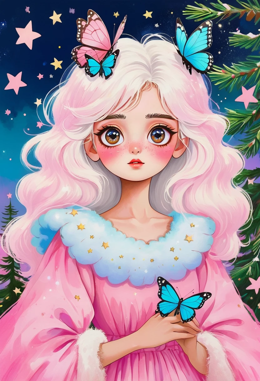 Rafael Silveira Collage Painting：Girl Portrait，Big eyes with stars in them，White fluffy hair，There is a pine tree on my shoulders，Princess dress，Butterflies in the sky，Luminescence，Soft pink，Solid color background