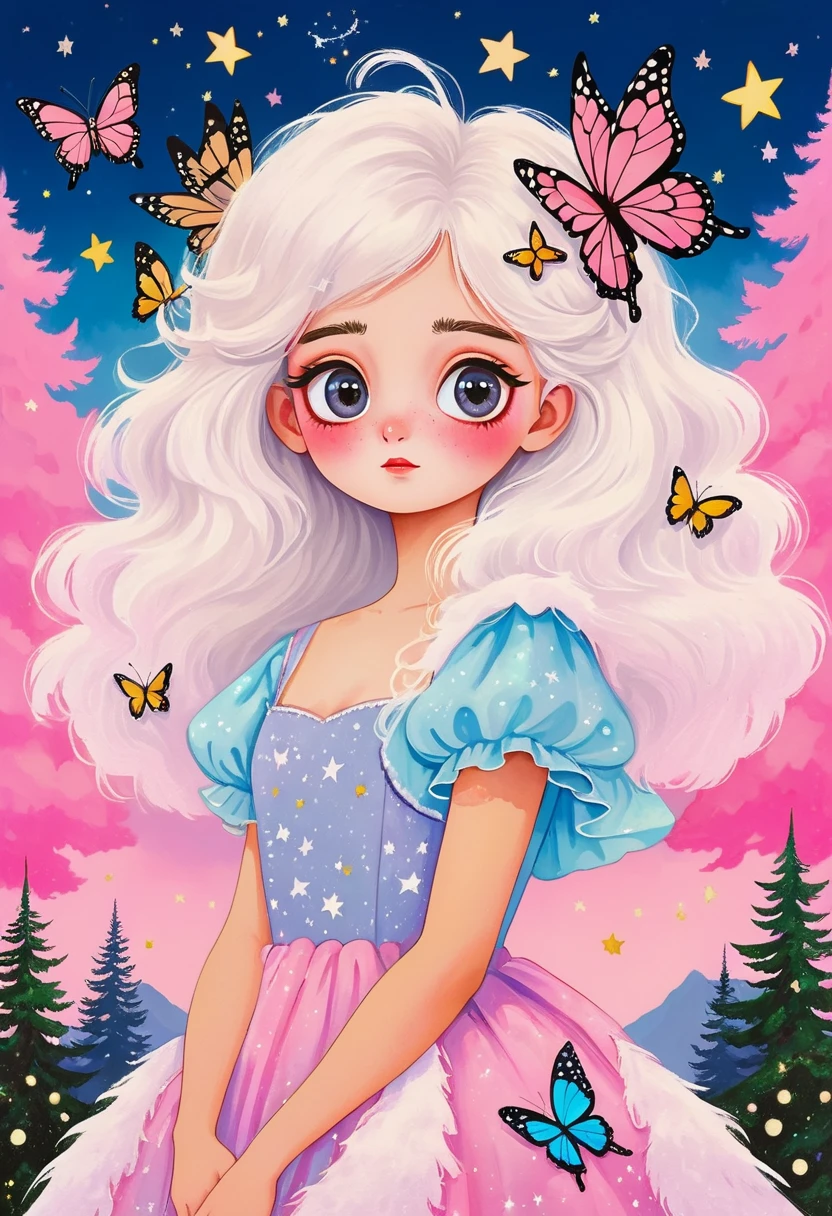 Rafael Silveira Collage Painting:Girl Portrait,Big eyes with stars in them,White fluffy hair,There is a pine tree on my shoulders,Princess dress,Butterflies in the sky,Luminescence,Soft pink,Solid color background
