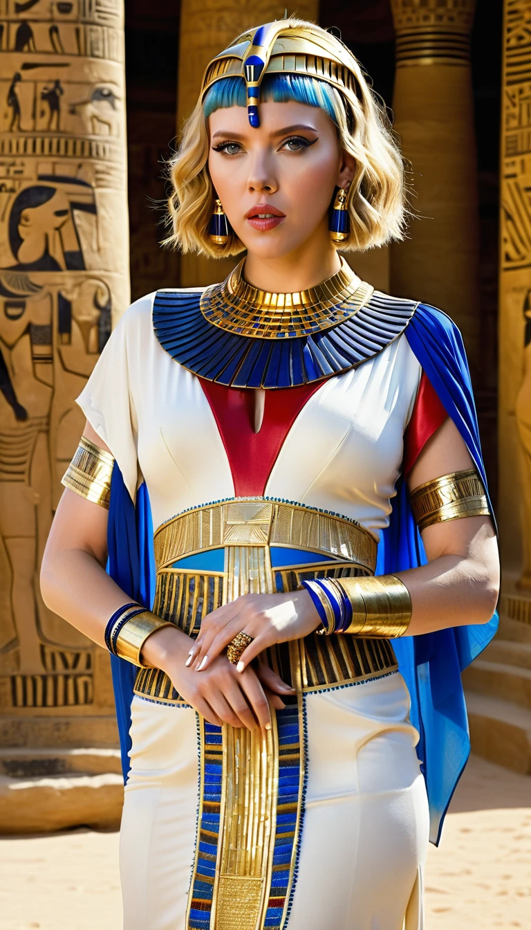 {
  "Full body and front view picture of Scarlett Johansson doing a cosplay of Cleopatra,",
  "camera_angle": "Full body, front view, focusing on the entire outfit and accessories,",
  "outfit": "golden and white Egyptian dress with intricate beadwork, royal blue and gold collar, gold arm cuffs, headpiece with a cobra,",
  "physical_description": "Scarlett Johansson with her blonde hair styled in Cleopatra's iconic bob with bangs, wearing dramatic Egyptian-style makeup with bold eyeliner and vibrant eyeshadow, light skin,",
  "pose": "standing with one arm raised, holding a staff,",
  "background": "ancient Egyptian palace interior with hieroglyphics and statues"
}
