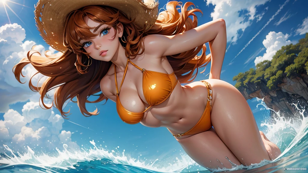 (masterpiece, best quality:1.2), cowboy shot, solo, 1girl, sheryl Unparalleled beauty, shiny shiny firm and shiny skin, bangs between eyes, shiny straight beautiful dark orange curly hair, super curly silky hair, eyeliner, sexy beautiful innocent , high definition big big beautiful bright blue eyes, beautiful and lovely girl, baby face, two piece gold halter bikini, jumping on the beach, full body portrait