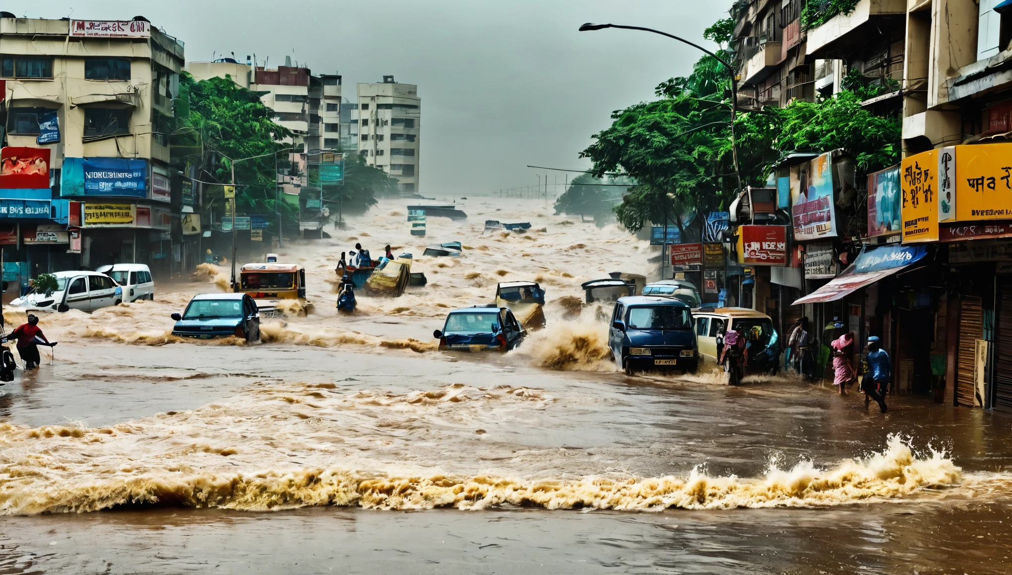 whoa, dramatic image depicts a chaos scenario. Waves of floods cause flooding and destruction on a street in Mumbai, India. It rains a lot in the region.It is possible to see bad weather with gusts of wind and destruction. The scenario is one of chaos.