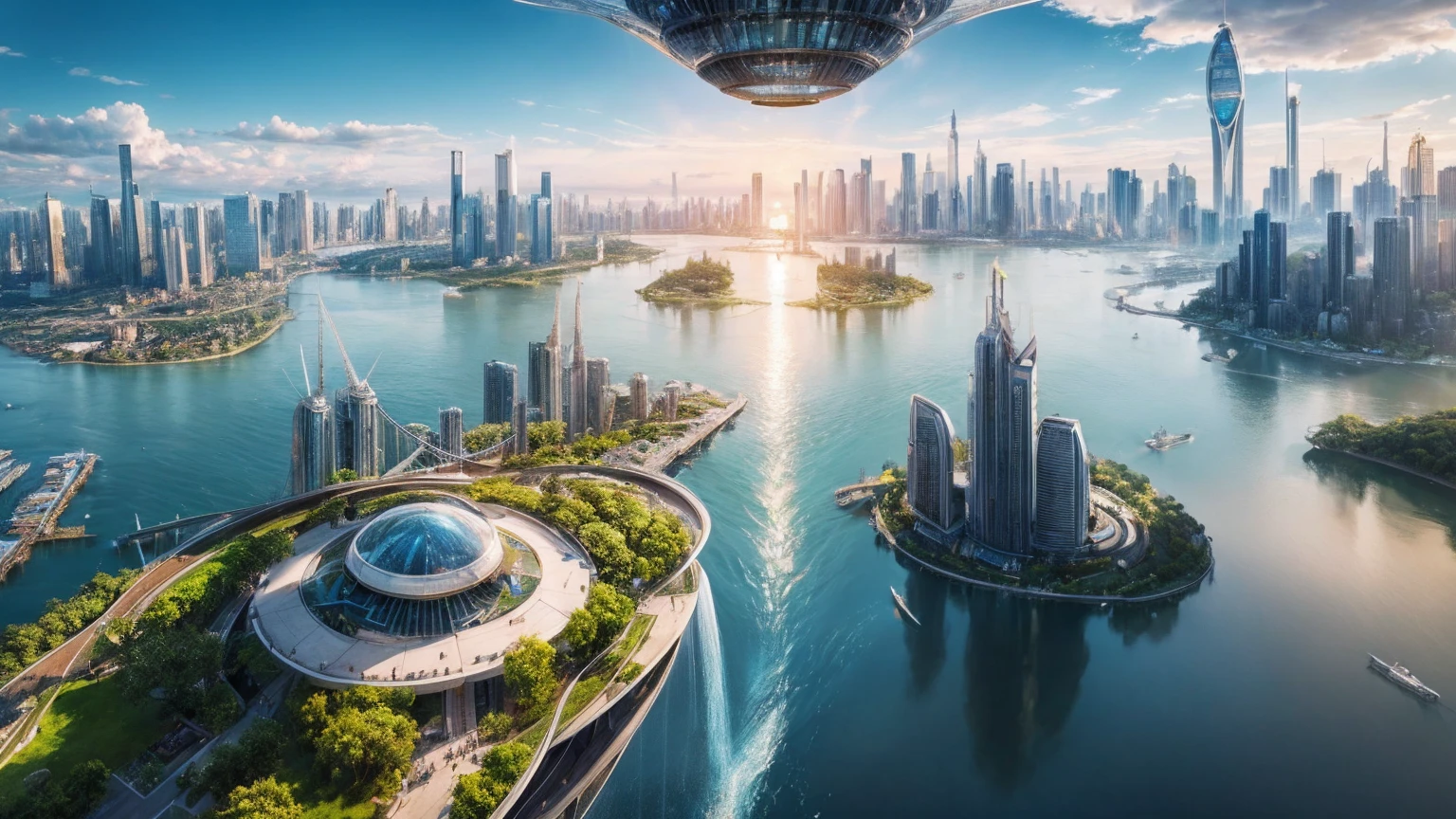 (Best quality,4K,8K,A high resolution,Masterpiece:1.2),Ultra-detailed,(Realistic,Photorealistic,photo-realistic:1.37),Futuristic floating city,Futuristic technology,Huge urban high-tech tablet platform,Airship,Floating in the sky,Futuristic city,Small airships around,High-tech hemispherical platform,Colorful lights,Advanced architecture,modernn architecture,skyscrapper,Access the cloud,Scenic beauty,view over city,Impressive design,Blend seamlessly with nature,energetic and vibrant atmosphere,Futuristic transportation system,Parking is suspended,Transparent path,Lush greenery,Sky gardens,cascading waterfalls,Magnificent skyline,reflections on the water,Sparkling river,Architectural innovation,futuristic skyscrapers,Transparent dome,The shape of the building is unusual,Elevated walkway,Impressive skyline,Glowing lights,Futuristic technology,Minimalist design,Scenic spots,Panoramic view,Cloud Piercing Tower,Vibrant colors,epic sunrise,epic sunset,Dazzling light display,magical ambiance,The future city,Urban Utopia,LuxuryLifestyle,Innovative energy,sustainable development,Smart city technology,Advanced infrastructure,Tranquil atmosphere,Nature and technology live in harmony,Awesome cityscape,Unprecedented urban planning,Architecture connects seamlessly with nature,High-tech metropolis,A cutting-edge engineering marvel,The future of urban living,Visionary architectural concept,Energy-efficient buildings,Harmony with the environment,A city floating above the clouds,Utopian dreams become reality,The possibilities are endless,State-of-the-art transportation network,Green energy integration,Innovative materials,Impressive holographic display,Advanced communication system,Breathtaking aerial view,Quiet and peaceful environment,Modernist aesthetics,Ethereal beauty