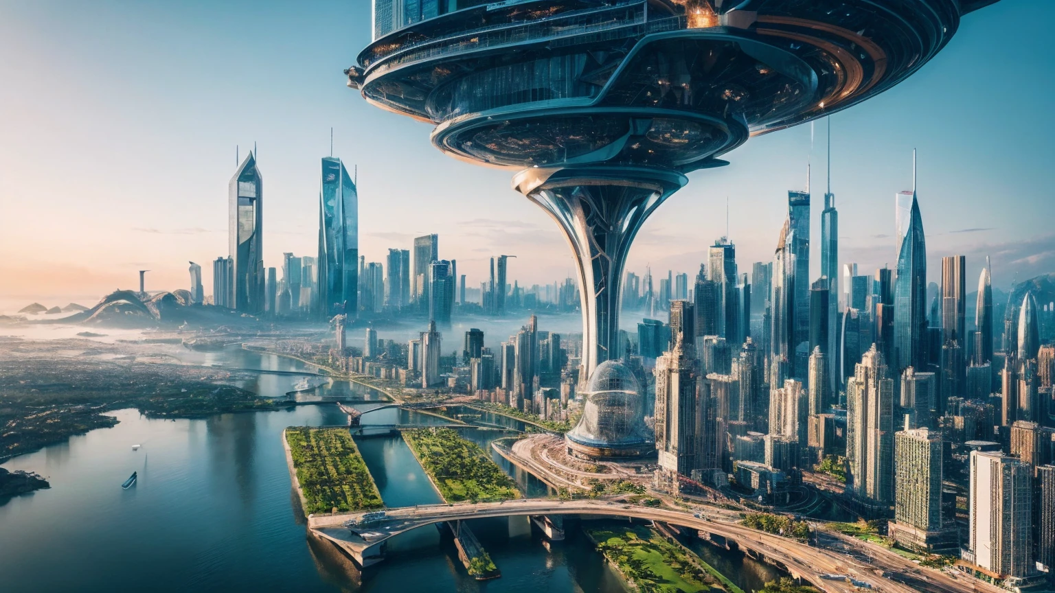 (Best quality,4K,8K,A high resolution,Masterpiece:1.2),Ultra-detailed,(Realistic,Photorealistic,photo-realistic:1.37),Futuristic floating city,Futuristic technology,Huge urban high-tech tablet platform,Airship,Floating in the sky,Futuristic city,Small airships around,High-tech hemispherical platform,Colorful lights,Advanced architecture,modernn architecture,skyscrapper,Access the cloud,Scenic beauty,view over city,Impressive design,Blend seamlessly with nature,energetic and vibrant atmosphere,Futuristic transportation system,Parking is suspended,Transparent path,Lush greenery,Sky gardens,cascading waterfalls,Magnificent skyline,reflections on the water,Sparkling river,Architectural innovation,futuristic skyscrapers,Transparent dome,The shape of the building is unusual,Elevated walkway,Impressive skyline,Glowing lights,Futuristic technology,Minimalist design,Scenic spots,Panoramic view,Cloud Piercing Tower,Vibrant colors,epic sunrise,epic sunset,Dazzling light display,magical ambiance,The future city,Urban Utopia,LuxuryLifestyle,Innovative energy,sustainable development,Smart city technology,Advanced infrastructure,Tranquil atmosphere,Nature and technology live in harmony,Awesome cityscape,Unprecedented urban planning,Architecture connects seamlessly with nature,High-tech metropolis,A cutting-edge engineering marvel,The future of urban living,Visionary architectural concept,Energy-efficient buildings,Harmony with the environment,A city floating above the clouds,Utopian dreams become reality,The possibilities are endless,State-of-the-art transportation network,Green energy integration,Innovative materials,Impressive holographic display,Advanced communication system,Breathtaking aerial view,Quiet and peaceful environment,Modernist aesthetics,Ethereal beauty