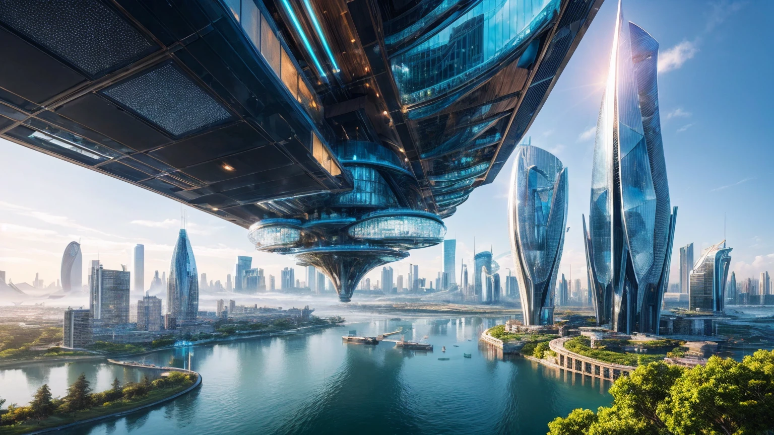 (Best quality,4K,8K,A high resolution,Masterpiece:1.2),Ultra-detailed,(Realistic,Photorealistic,photo-realistic:1.37),Futuristic floating city,Futuristic technology,Huge urban high-tech tablet platform,Airship,Floating in the sky,Futuristic city,Small airships around,High-tech hemispherical platform,Colorful lights,Advanced architecture,modernn architecture,skyscrapper,Access the cloud,Scenic beauty,view over city,Impressive design,Blend seamlessly with nature,energetic and vibrant atmosphere,Futuristic transportation system,Parking is suspended,Transparent path,Lush greenery,Sky gardens,cascading waterfalls,Magnificent skyline,reflections on the water,Sparkling river,Architectural innovation,futuristic skyscrapers,Transparent dome,The shape of the building is unusual,Elevated walkway,Impressive skyline,Glowing lights,Futuristic technology,Minimalist design,Scenic spots,Panoramic view,Cloud Piercing Tower,Vibrant colors,epic sunrise,epic sunset,Dazzling light display,magical ambiance,The future city,Urban Utopia,LuxuryLifestyle,Innovative energy,sustainable development,Smart city technology,Advanced infrastructure,Tranquil atmosphere,Nature and technology live in harmony,Awesome cityscape,Unprecedented urban planning,Architecture connects seamlessly with nature,High-tech metropolis,A cutting-edge engineering marvel,The future of urban living,Visionary architectural concept,Energy-efficient buildings,Harmony with the environment,A city floating above the clouds,Utopian dreams become reality,The possibilities are endless,State-of-the-art transportation network,Green energy integration,Innovative materials,Impressive holographic display,Advanced communication system,Breathtaking aerial view,Quiet and peaceful environment,Modernist aesthetics,Ethereal beauty