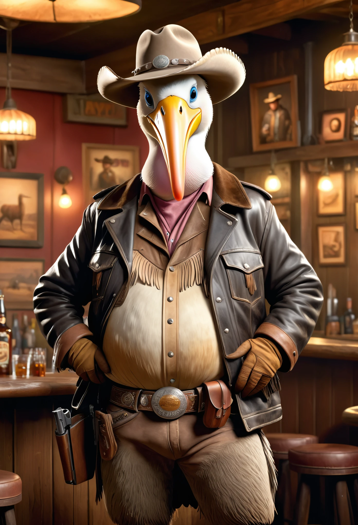 photorealistic portrait of Dressed animals - a ((fat)) (pelican) cowboy, (furry),(full body image:1.5),(holding gun:1.5) Wearing cowboy clothes and hat,(wearing leather jacket),(hands on hips:1.5),(happy),(smile:1.5), Old-fashioned cowboy hat, in western movie bar background, , western style bar background,(looking at viewer:1.5),score_9, score_8_up, score_7_up, score_6_up, score_5_up, score_4_up,