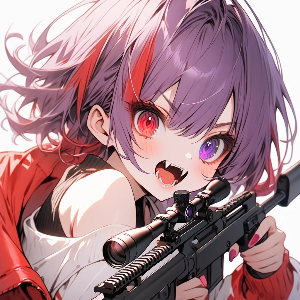 high resolution ,cute ,One Woman , Purple Hair, Two-tone red ,short hair , Fangs Beautiful Eyes ,Red and purple heterochromia ,♰Eyes and shoulders are protruding ,Jacket ,Possessing a sniper rifle ,Pointing a gun