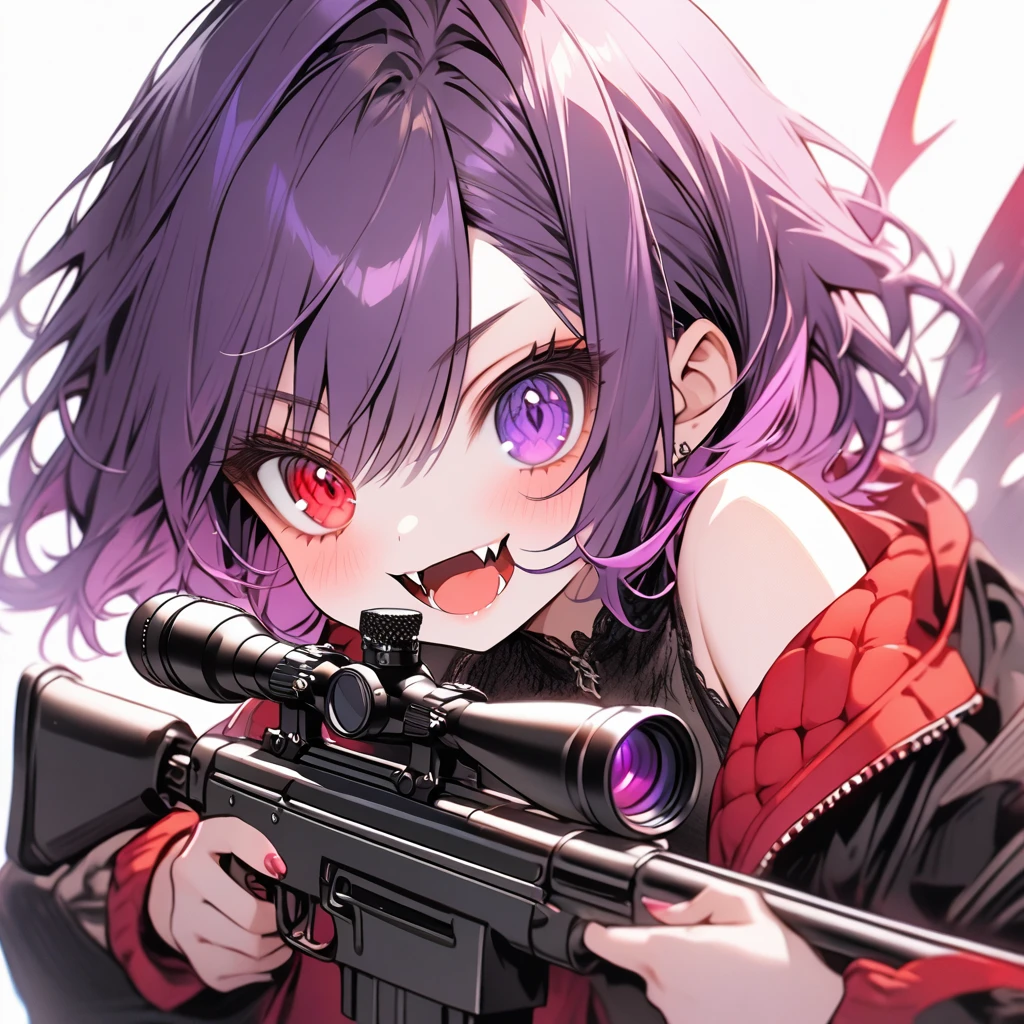 high resolution ,cute ,One Woman , Purple Hair, Two-tone red ,short hair , Fangs Beautiful Eyes ,Red and purple heterochromia ,♰Eyes and shoulders are protruding ,Jacket ,Possessing a sniper rifle ,Pointing a gun