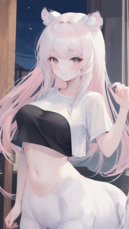 (best quality, masterpiece), 1 girl, centaur, It takes, White skin, Korean ,daughter, black pink,Smiling, exposing the abdomen, belly button t-shirt , 아름다운 소녀 perfect white tiger photo, perfect white tiger photo