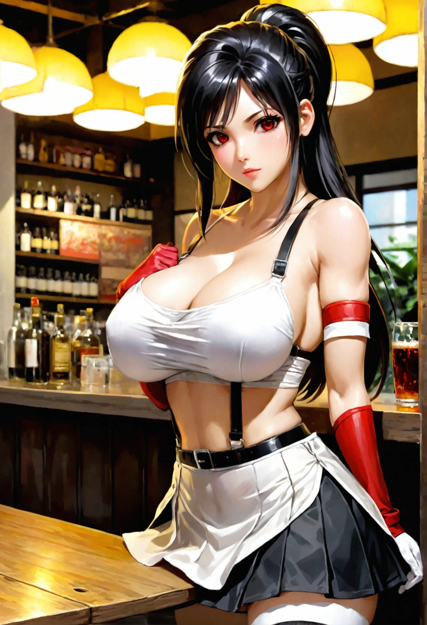 score_9, score_8_up, score_7_up,  (best quality), masterpiece,perfect anatomy,(aesthetic,very aesthetic),(official art,illustration,ultra-high resolution,8k), 1girl, tifa lockhart, final fantasy,(beautiful woman).tareme, black hair, low-tied long hair, red eyes, bangs, white tank top,gap, belt, pleated skirt, thighhighs, elbow fingerless gloves, elbow pads, midriff, navel,suspender skirt.zettai ryouiki ,straight-on,,(large_breasts),Solo,mediumshot,looking_at_viewer,,,,cafe and bar,,(Composition),stylish pose,