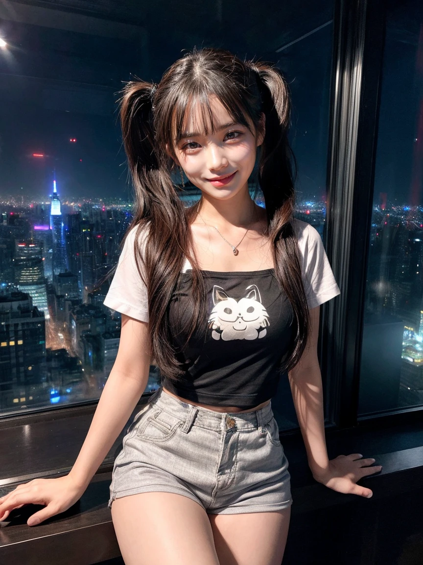 Full body photo、whole、最high quality, masterpiece, 32K、Very detailed、Realistic、1 girl, Japanese women、Cute Face, (photo Actual:1.3), Edge lighting, (Skin with attention to detail:1.2), 8k超High resolution, Single-lens reflex camera, high quality, High resolution, 4K, 8k, Optimal ratio of four fingers to one thumb, (Actual:1.3), smile、自然なsmile、Slim T-shirt、Jersey fabric shorts、Cute twin tails、cute1 girl, Realistic、Super Realistic、32K、Very detailed、masterpiece, 最high quality, beautiful girl, beauty、 Mecha, Beautiful lighting, Sitting,Cyber Neon、Future City、Skyscraper、City Night、Shanghai、Metropolis、Night view、綺麗なNight view