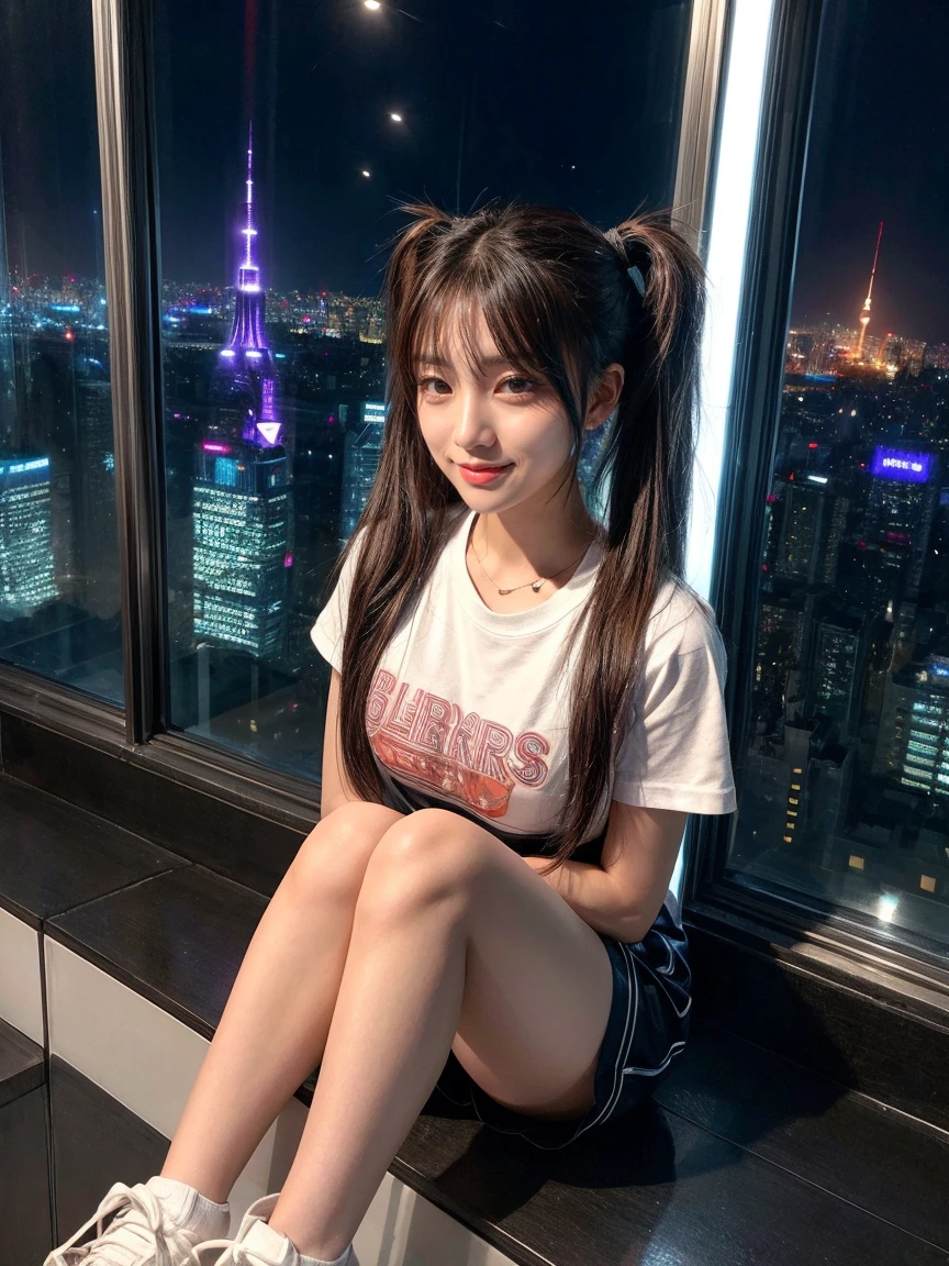Full body photo、whole、最high quality, masterpiece, 32K、Very detailed、Realistic、1 girl, Japanese women、Cute Face, (photo Actual:1.3), Edge lighting, (Skin with attention to detail:1.2), 8k超High resolution, Single-lens reflex camera, high quality, High resolution, 4K, 8k, Optimal ratio of four fingers to one thumb, (Actual:1.3), smile、自然なsmile、Slim T-shirt、Jersey fabric shorts、Cute twin tails、cute1 girl, Realistic、Super Realistic、32K、Very detailed、masterpiece, 最high quality, beautiful girl, beauty、 Mecha, Beautiful lighting, Sitting,Cyber Neon、Future City、Skyscraper、City Night、Shanghai、Metropolis、Night view、綺麗なNight view
