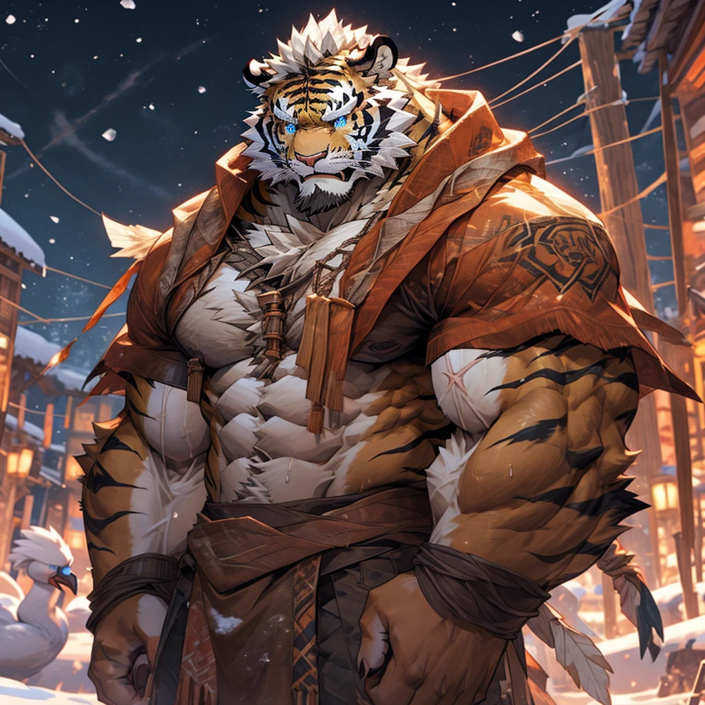 sweaty muscular snowy swan feathers heavy snow winter village furry anthropomorphic chest hair serious face（Scars on the face） Mature （blue eyes）Huge muscle ripped abs wild，Tribal Ambition Tiger Tribal Tiger in plain clothing