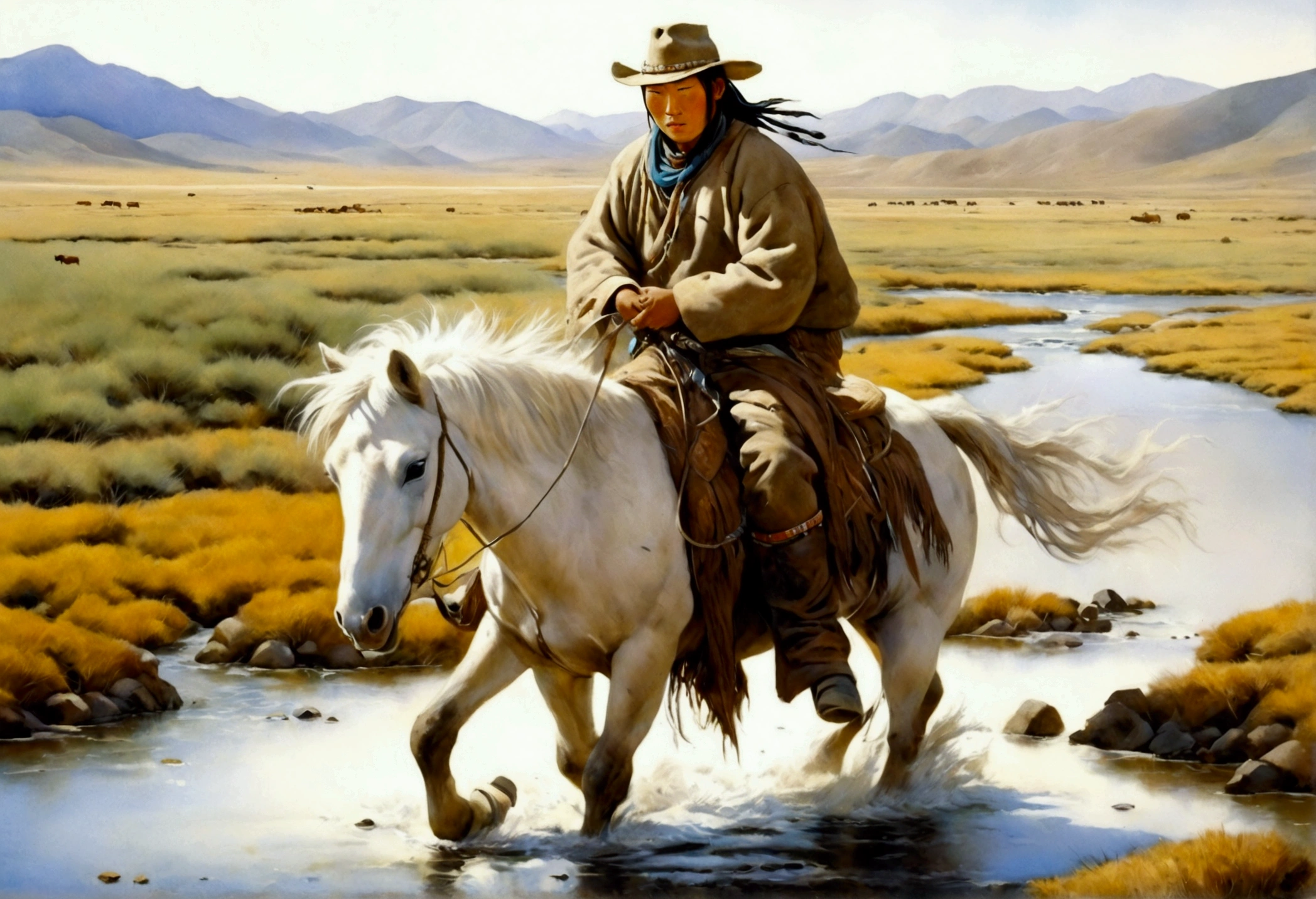 A stout Mongolian man (age 25, dirty and dingy, cowboy outfit dirty but mainly white) riding a white pony, she is part if a cattle drive crossing a stream, rolling plains
