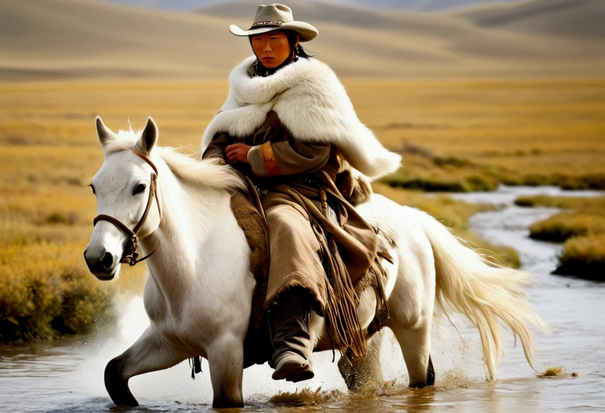 A stout Mongolian man (age 25, dirty and dingy, cowboy outfit dirty but mainly white) riding a white pony, she is part if a cattle drive crossing a stream, rolling plains
