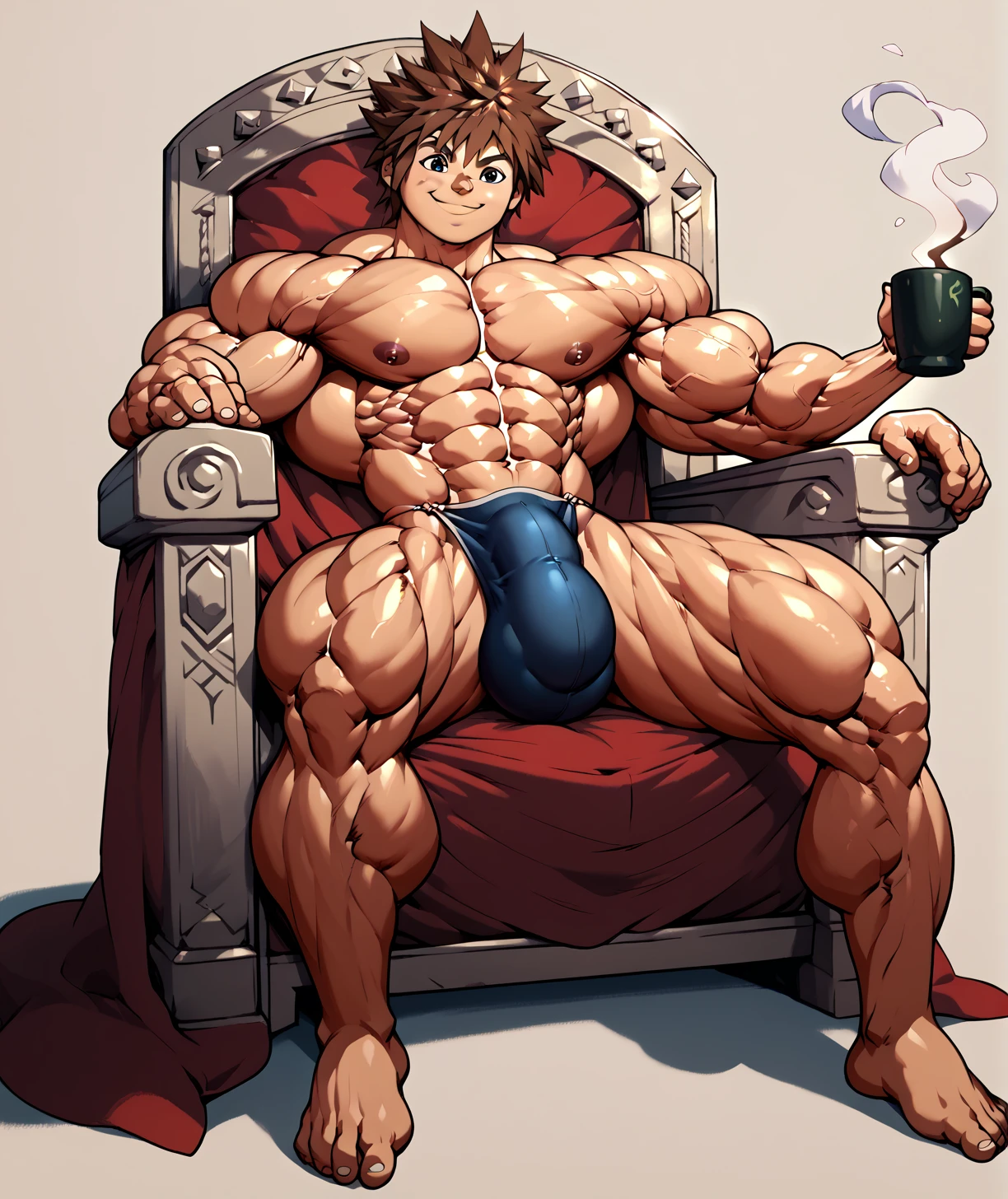  naked , big bulge , huge bulge , coffee thong ,alone, full body,smiling , muscular, huge muscle, big muscles, pectoral muscle , Boy , YOUNG  , YOUNG , sora , brown eyes, brown hair, pokkuti , sitting on a throne, royal throne, sitting , kingdom hearts 