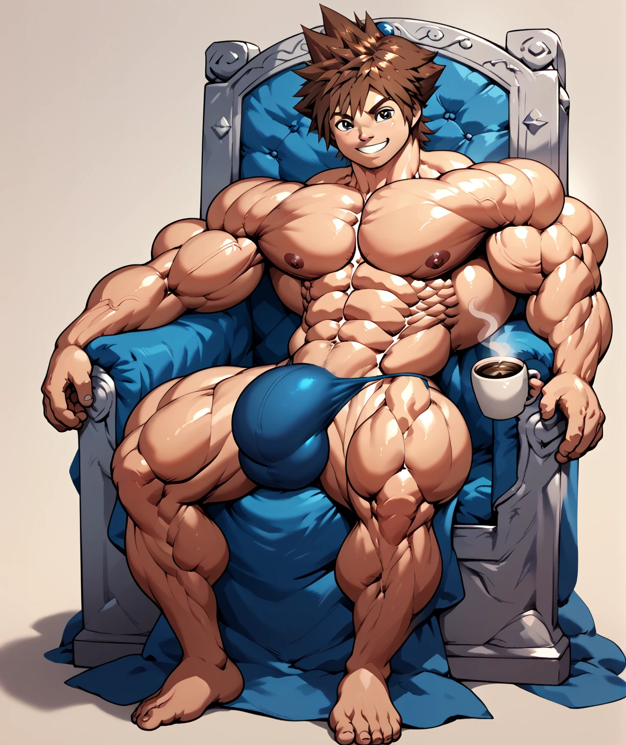  naked , big bulge , huge bulge , coffee thong ,alone, full body,smiling , muscular, huge muscle, big muscles, pectoral muscle , Boy , YOUNG  , YOUNG , sora , brown eyes, brown hair, pokkuti , sitting on a throne, royal throne, sitting , kingdom hearts 