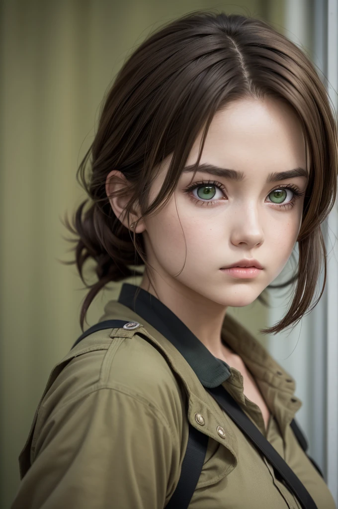A girl from the anime ATTACK ON Titan with straight brown hair,dark green eyes and striking eyebrows