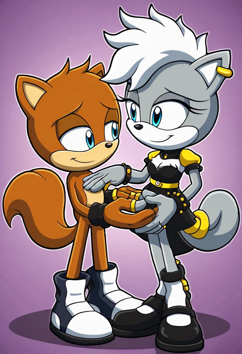 A couple of squirrels are looking at each other and exchanging rings..