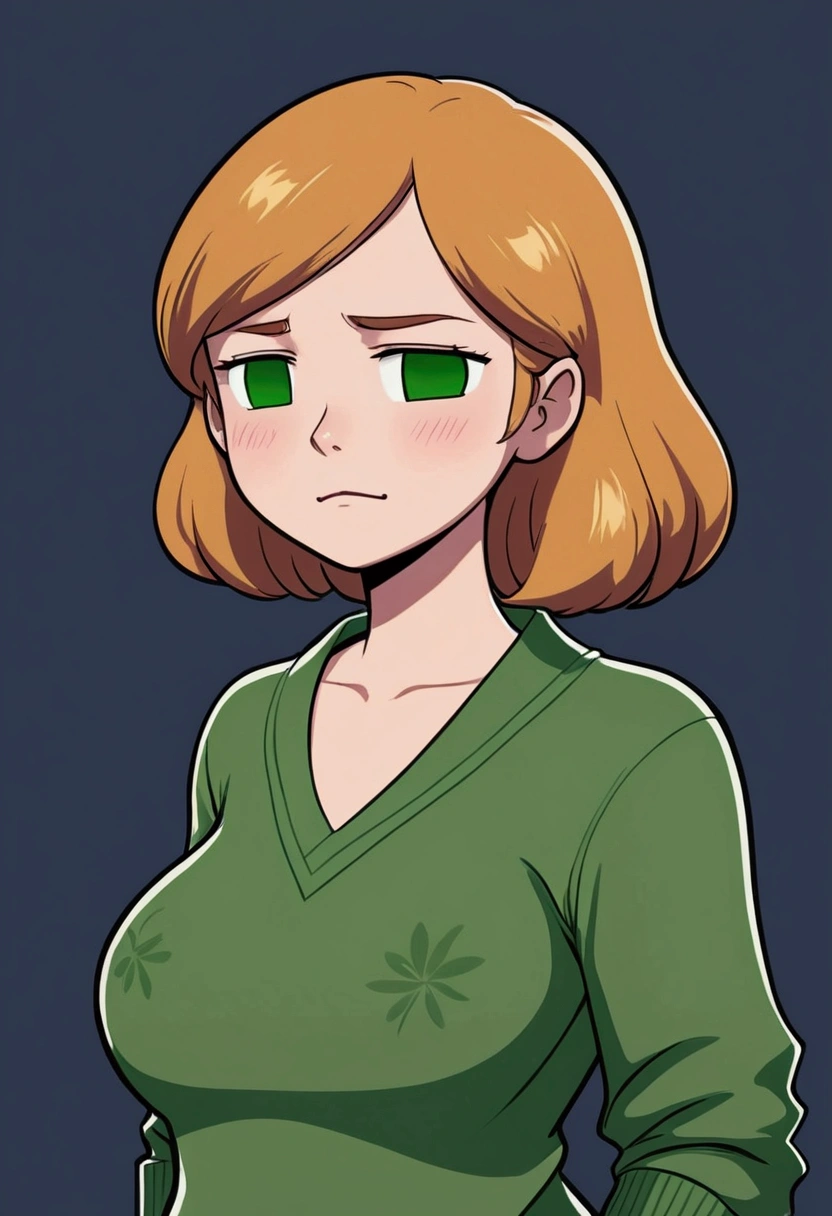 drawing of a woman in a green shirt and a green sweater, she has a cute face e expressivo, Abigail de Stardew Valley, madeline da celeste, [[[[grinning wickedly]]]], she has a cute face, slightly happy facial expression, cel - shaded art style, she has a distant expression, pale round face, bored expression drawing of a woman in a green shirt and a green sweater, she has a cute face e expressivo, Abigail de Stardew Valley, madeline da celeste, [[[[grinning wickedly]]]], she has a cute face, slightly sad facial expression, cel - shaded art style, she has a distant expression, pale round face, bored expression, minimalist eyes,  series, series, Boredom., White eyes, black Iris, White Hair, White Hair, big bobos, 