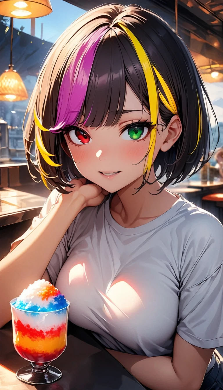 (highest quality:1.2, Very detailed, up to date, Vibrant, Ultra-high resolution, High Contrast, masterpiece:1.2, highest quality, Best aesthetics), Portraiture、girl、solo, (25-years-old:1), slim, , heterrochromia, green eye, red eye, Bright colors、Beautiful fine details、Beautiful lip detail、extra short hair, ((bob cut:1.5))、pink and purple, ((streaked hair:1.9)), (highlights hair: 1.6), (small breast:0.7), t-shirt, loose fit, short pants, Eating shaved ice in a glass bowl on the table, rainbow color, sit in the seaside cafe restaurant, while wall, smaile:1, upper body:1,
