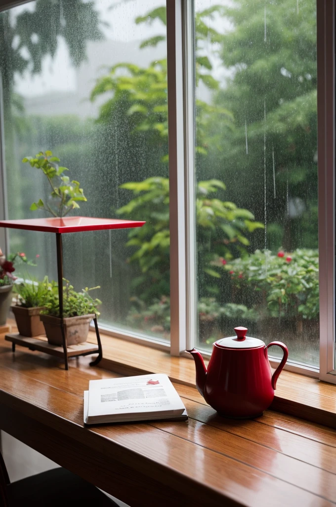 Rain is hitting the window、Deep red tea、Stylish table