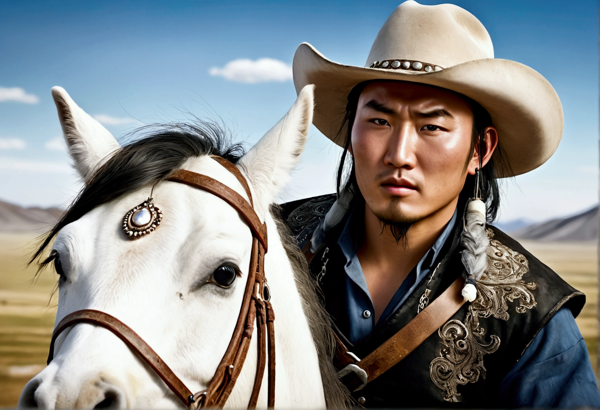 a stout mongolian man, dirty and dingy cowboy outfit, riding a white pony, cattle drive, rolling plains, detailed facial features, beautiful detailed eyes, beautiful detailed lips, extremely detailed face, long eyelashes, photo-realistic, 8k, hyperrealistic, highly detailed, masterpiece, stunning landscape, dramatic lighting, muted color palette, realistic textures, natural environment