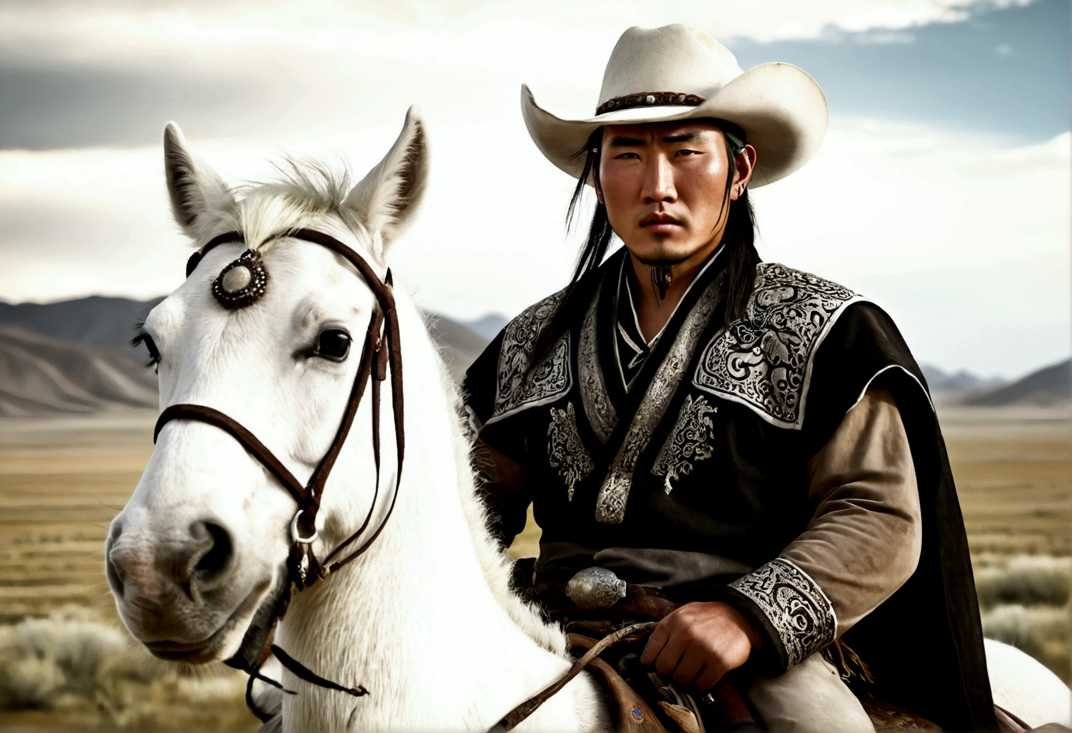 a stout mongolian man, dirty and dingy cowboy outfit, riding a white pony, cattle drive, rolling plains, detailed facial features, beautiful detailed eyes, beautiful detailed lips, extremely detailed face, long eyelashes, photo-realistic, 8k, hyperrealistic, highly detailed, masterpiece, stunning landscape, dramatic lighting, muted color palette, realistic textures, natural environment