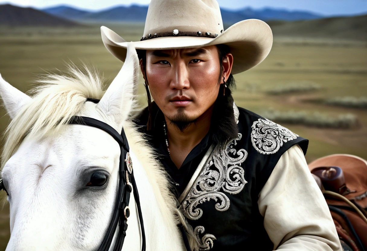a stout mongolian man, dirty and dingy cowboy outfit, riding a white pony, cattle drive, rolling plains, detailed facial features, beautiful detailed eyes, beautiful detailed lips, extremely detailed face, long eyelashes, photo-realistic, 8k, hyperrealistic, highly detailed, masterpiece, stunning landscape, dramatic lighting, muted color palette, realistic textures, natural environment