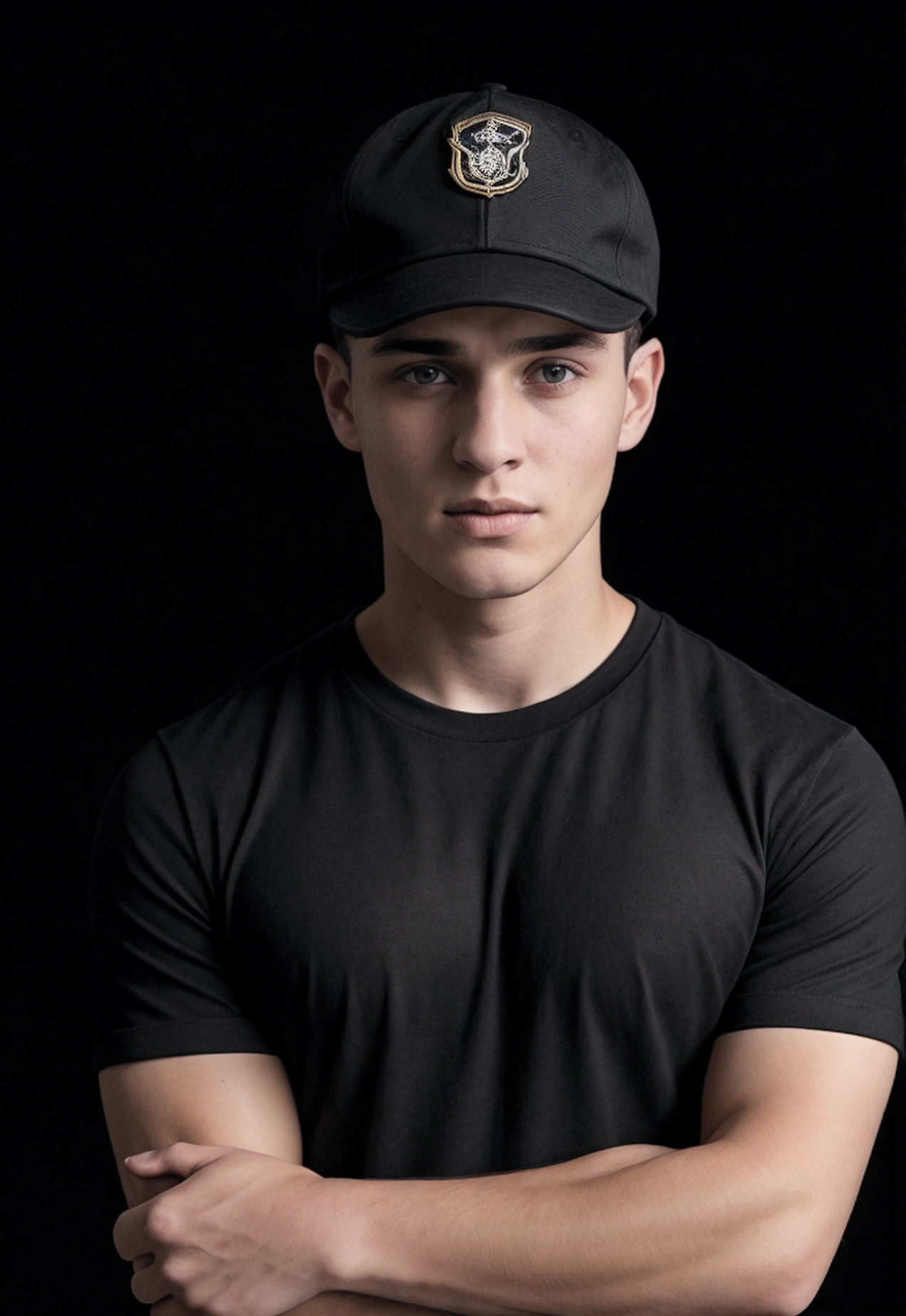 A 22 year old man, wearing a black t-shirt tight to the body, super realistico, cinematic effect, short hair in military haircut style, wearing a curved brim cap with the letter S, background with dark environment, good lighting as if it were a scene from a movie, 8k, ultra realisitic, well-lit and dark scene.