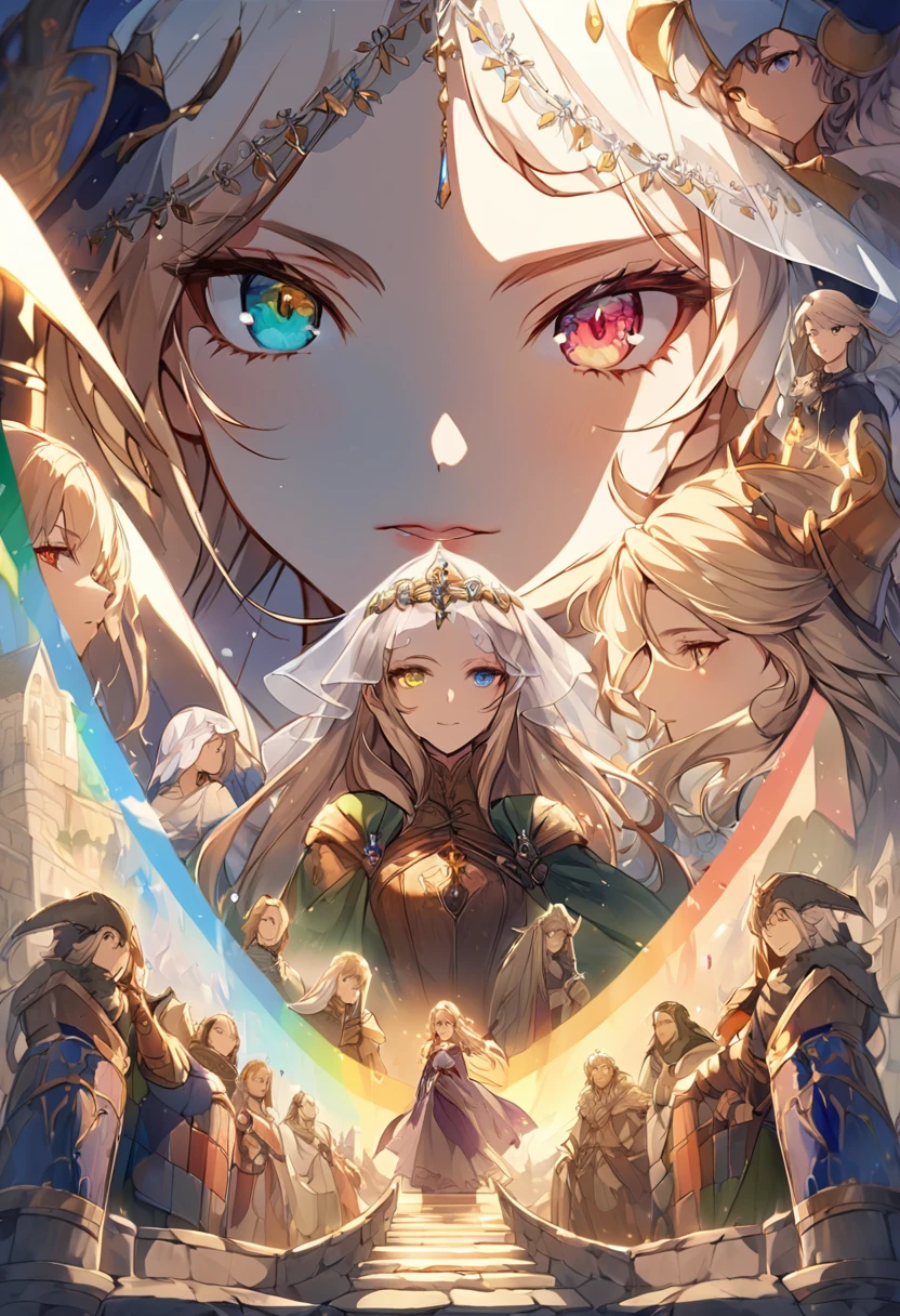 sakimiChanStyle, Urop Style, Portraiture, Detailed painted face, Beautiful woman, Fuller lips, Opaque Veil, Medieval Veil, Head rail, 12th century, Eyes with heterochromia, Rainbow Eyes, Medieval costume, Brot, Lord of the Rings Gown, Near perfect, Beautiful anime style, Character Panorama, Beautiful and detailed face, Shining Shadow, Beautiful gradation, Depth of written boundary, Beautiful graphics, high quality, Attention to detail, High resolution, Luminous Studio Graphics Engine