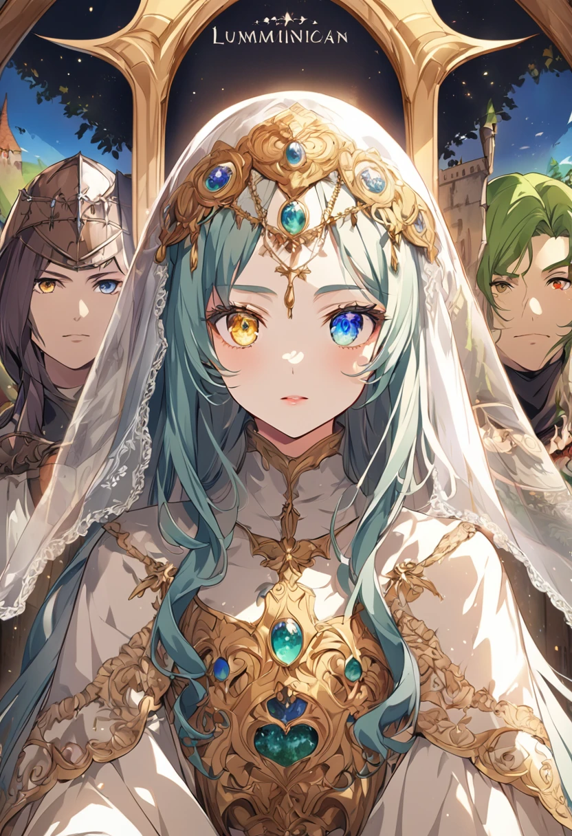 sakimiChanStyle, Urop Style, Portraiture, Detailed painted face, Beautiful woman, Fuller lips, Opaque Veil, Medieval Veil, Head rail, 12th century, Eyes with heterochromia, Rainbow Eyes, Medieval costume, Brot, Lord of the Rings Gown, Near perfect, Beautiful anime style, Character Panorama, Beautiful and detailed face, Shining Shadow, Beautiful gradation, Depth of written boundary, Beautiful graphics, high quality, Attention to detail, High resolution, Luminous Studio Graphics Engine