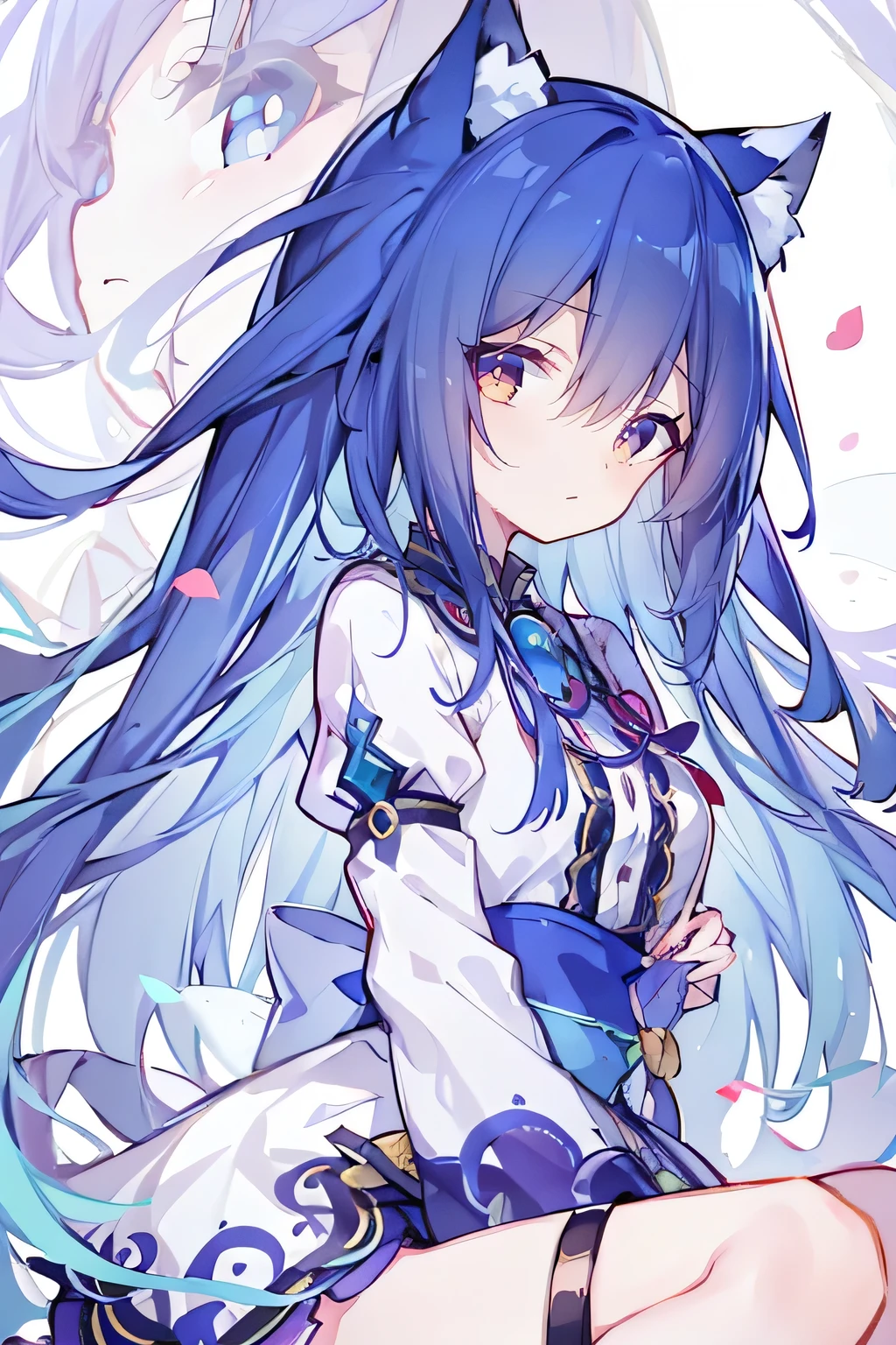 (masterpiece:1.2),Super detailed,lifelike,Expressive eyes,fair skin,perfect face shape,1 girl,
Japanese comics,Gorgeous blue hair,flowing blue hair,flowing clothes,Cat ears,Petals fall,beautiful lola,Baby Angel,
Shaking head with one hand,Cross your legs,,The pavilion is cool and comfortable,smile,back views,sunrise,Petals fall