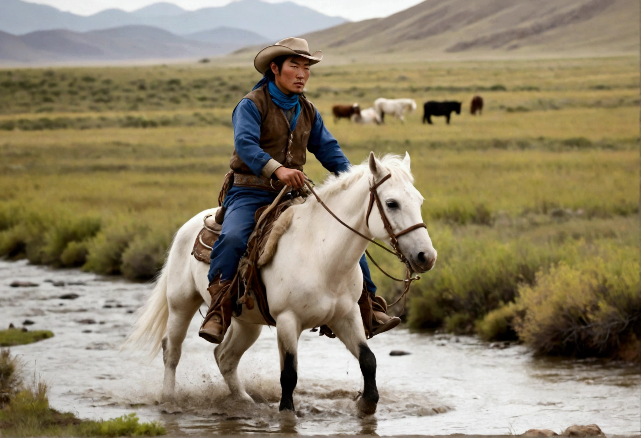 A stout Mongolian man (age 25, dirty and dingy, cowboy outfit dirty but mainly white) riding a white pony, she is part if a cattle drive crossing a stream, rolling plains