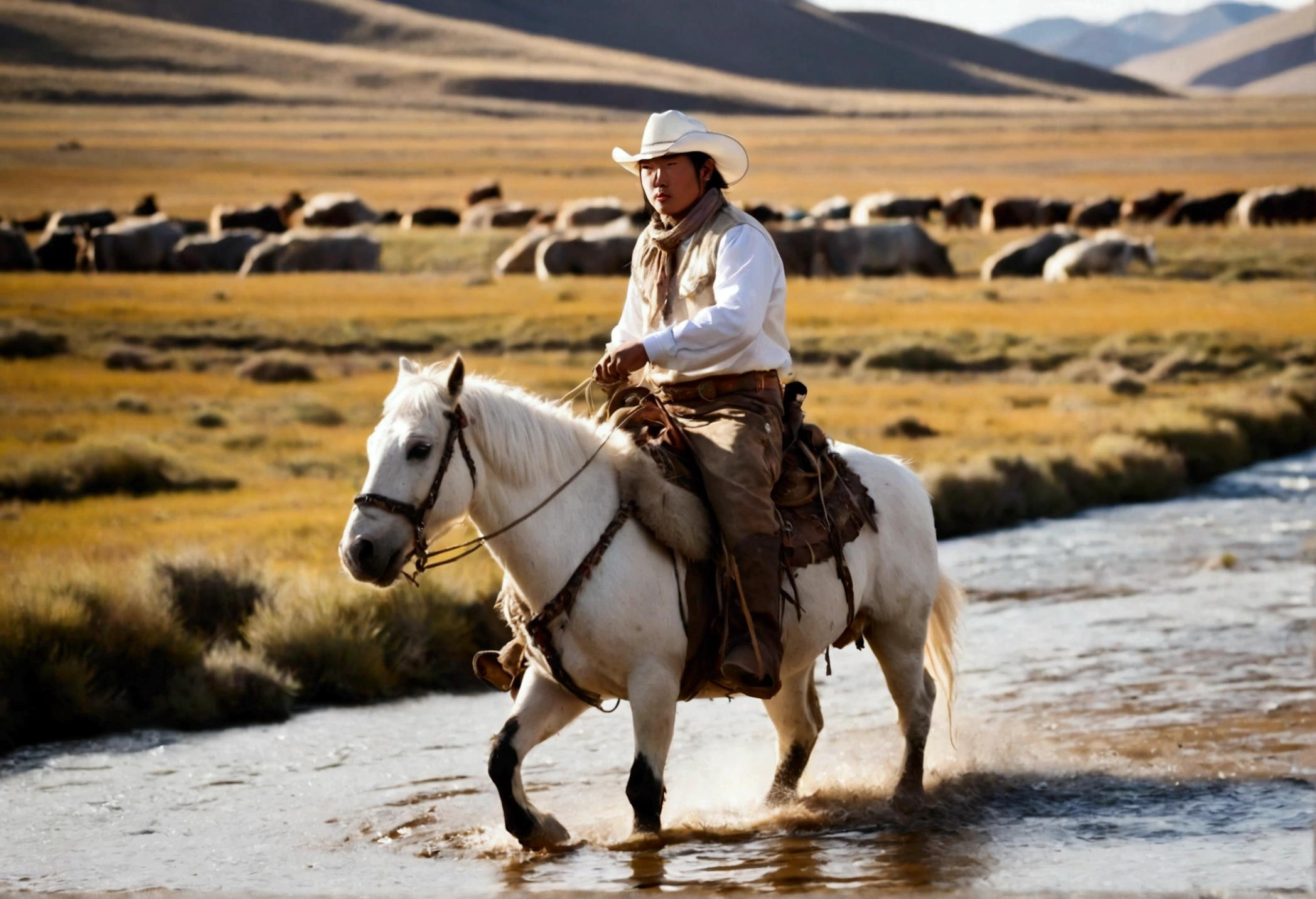 A stout Mongolian man (age 25, dirty and dingy, cowboy outfit dirty but mainly white) riding a white pony, she is part if a cattle drive crossing a stream, rolling plains