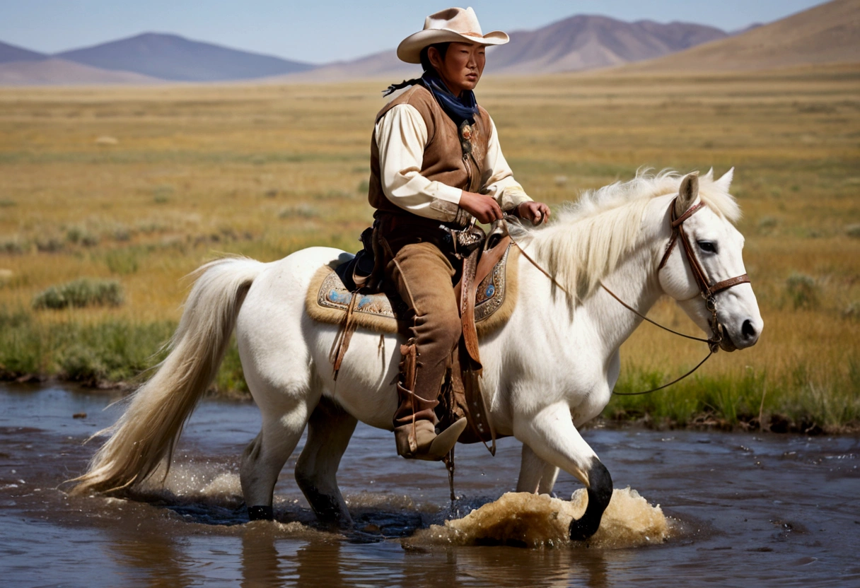 A stout Mongolian man (age 25, dirty and dingy, cowboy outfit dirty but mainly white) riding a white pony, she is part if a cattle drive crossing a stream, rolling plains