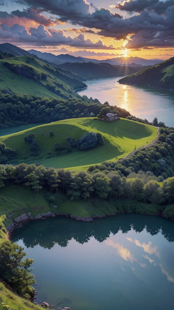 A beautiful blue sky, dramatic sunset, glowing clouds, detailed landscape, rolling hills, lush greenery, serene lake, reflection, dramatic lighting, painterly style, vibrant colors, photorealistic, 8k, high quality, masterpiece