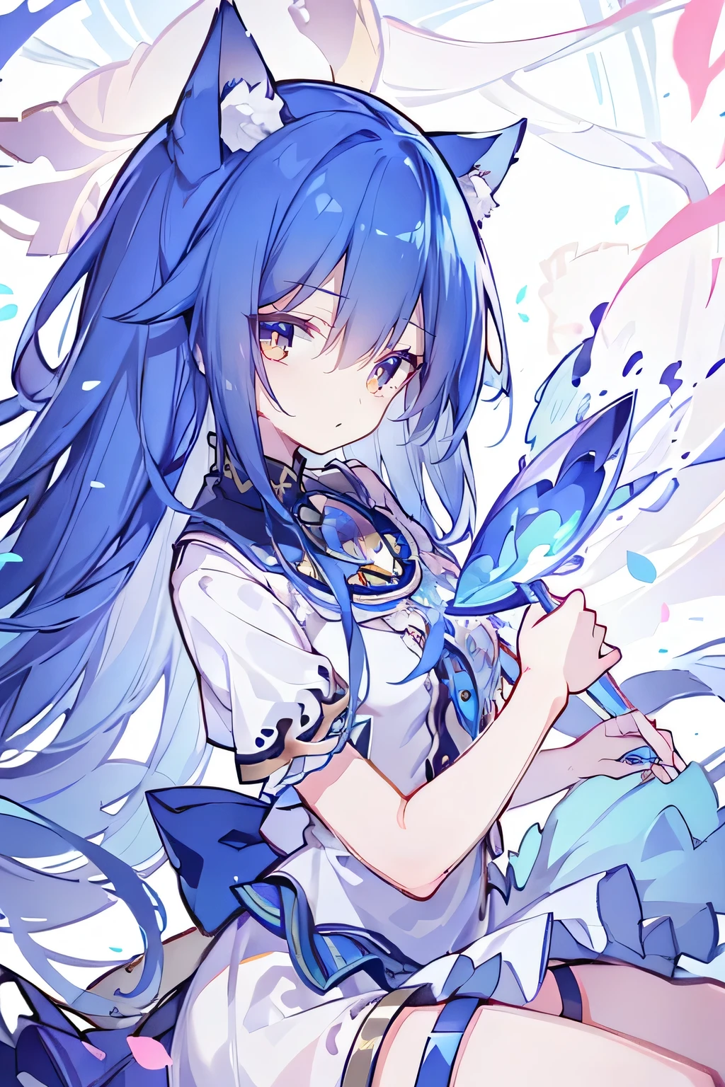 (masterpiece:1.2),Super detailed,lifelike,Expressive eyes,fair skin,perfect face shape,1 girl,
Japanese comics,Gorgeous blue hair,flowing blue hair,flowing clothes,Cat ears,Petals fall,beautiful lola,Baby Angel,
Shaking head with one hand,Cross your legs,,The pavilion is cool and comfortable,smile,back views,sunrise,Petals fall