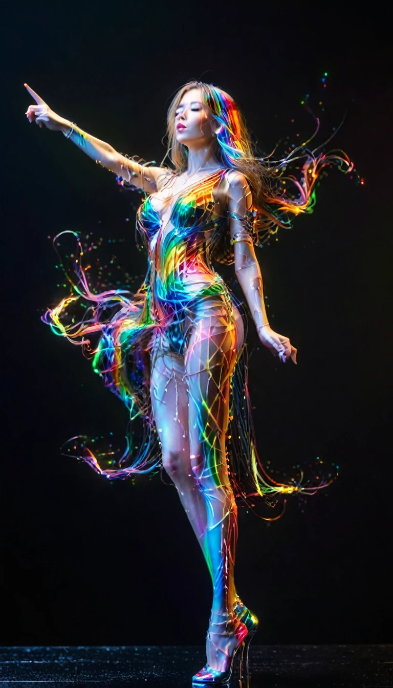 Ultra-Realistic Capture,18k,RAW Photos,Highest quality,masterpiece,reality,Very detailed,Very beautiful woman,Automata,20-year-old ,Model body type,LED,Iron Skin,A long dress made of light particles,Very detailedな電子機器の骨格,A lot of connecting lines,Rainbow colors,Very long hair,Standing posture,tall,Long legs,Standing on tiptoes,Backwards,Wet,(Middle finger),to give the bird,FUCK OFF POSE,Black background,Sticking out tongue,wing,